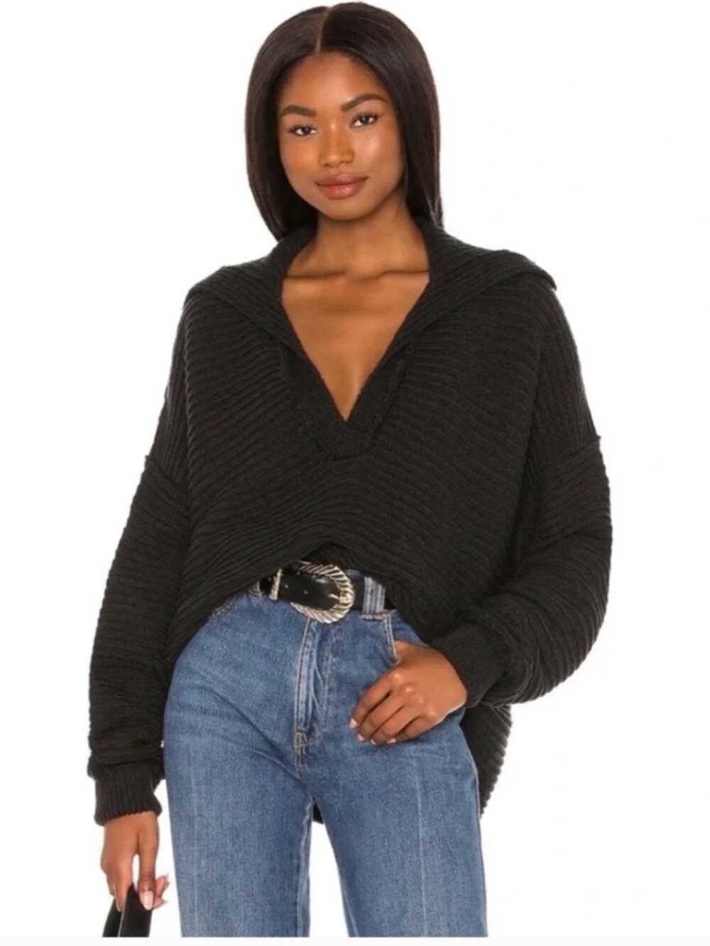NWT Free People Marlie Black Fringed V-Neck Ribbed Pullover